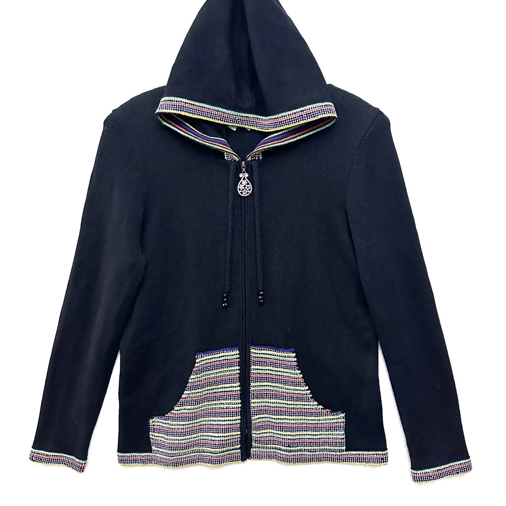 Kourosh Sz 8 Wool Knit Rhinestone Rainbow Zip Up Hoodie Sweater Crystal Trim